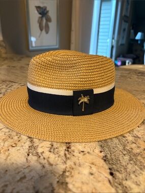 Ann Taylor Tan Straw Fedora with Navy & White Band